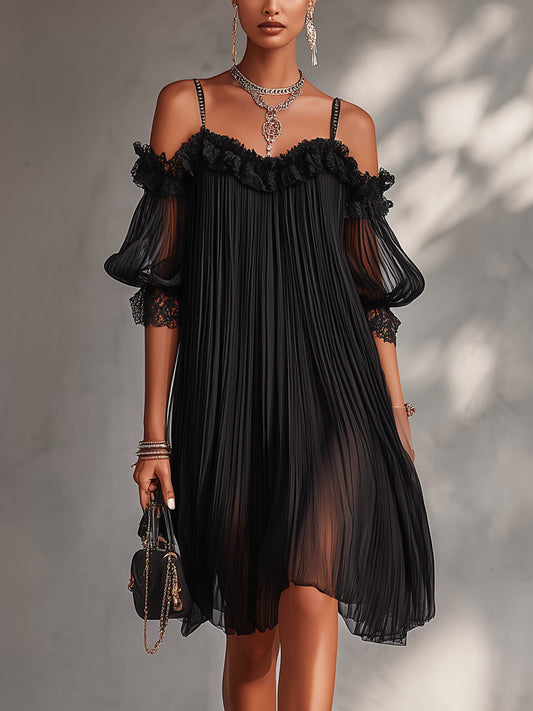 J.Crew | Black chiffon off-the-shoulder mini dress with lace trim