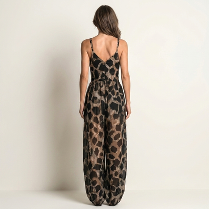 Leonara | Deep V-Neck Tie-Front Animal Print Wide-Leg Jumpsuit