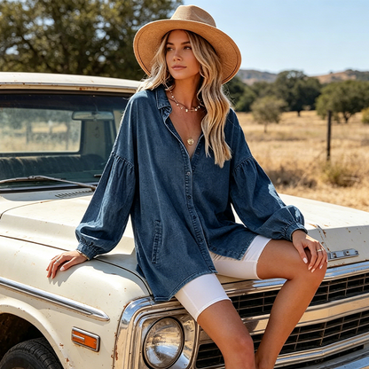 ⌛Limited-time 50% off-Women's Casual Lantern Sleeve Denim Top