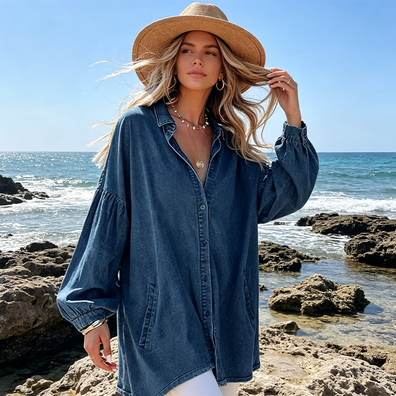 ⌛Limited-time 50% off-Women's Casual Lantern Sleeve Denim Top