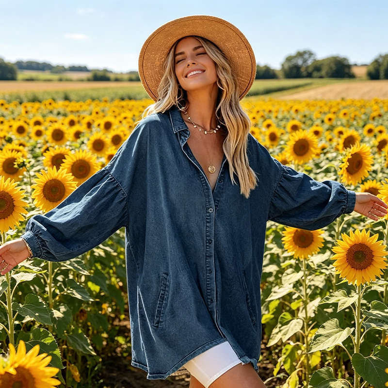 ⌛Limited-time 50% off-Women's Casual Lantern Sleeve Denim Top