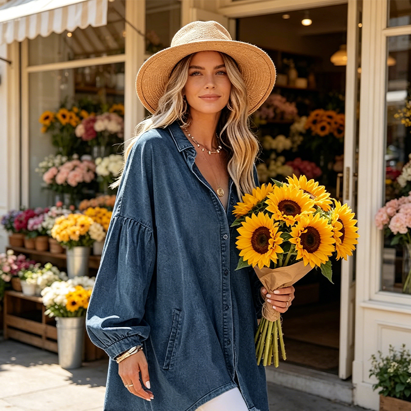 ⌛Limited-time 50% off-Women's Casual Lantern Sleeve Denim Top